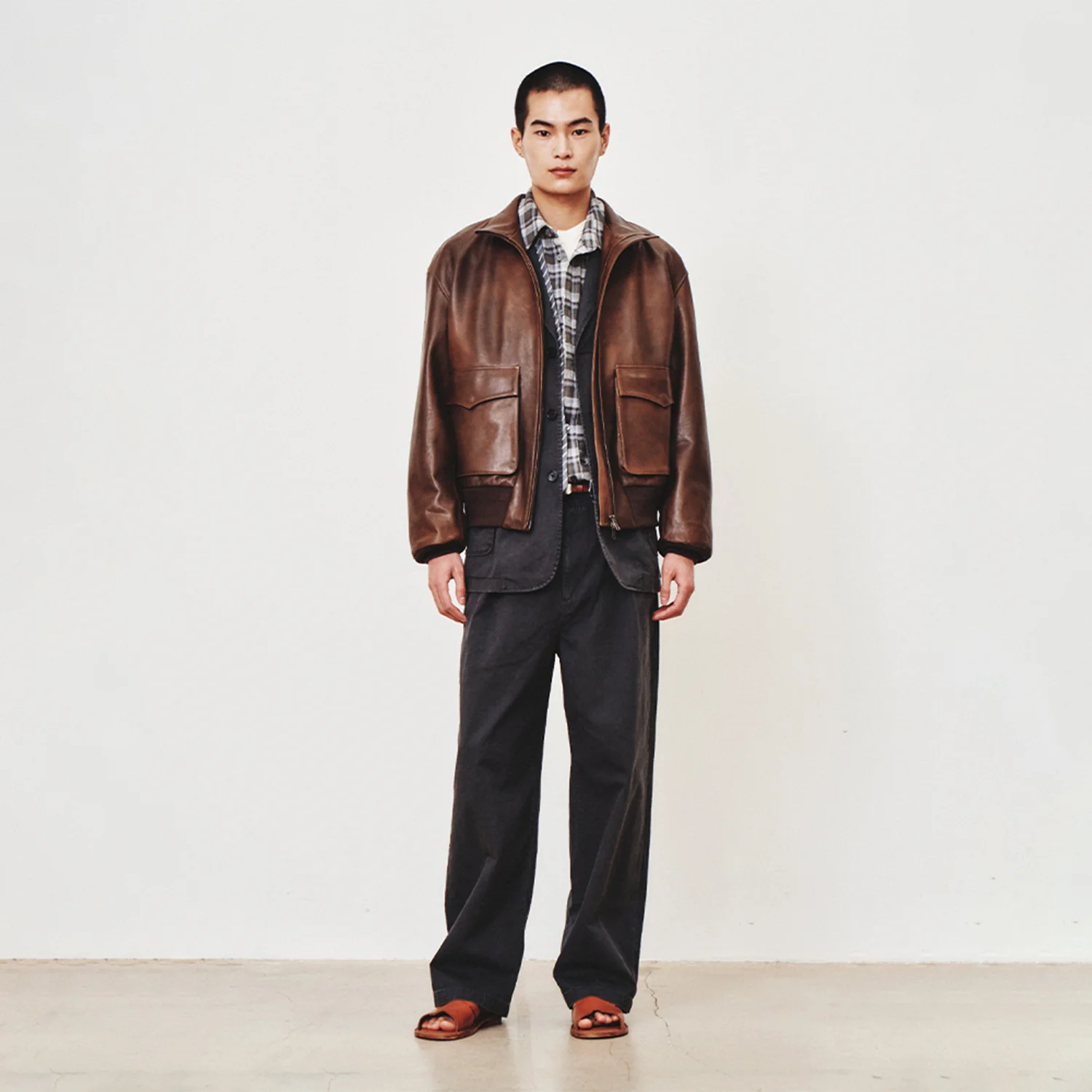Stand Collar Leather Blouson Italy Vegetable Leather_ Cloud Brown