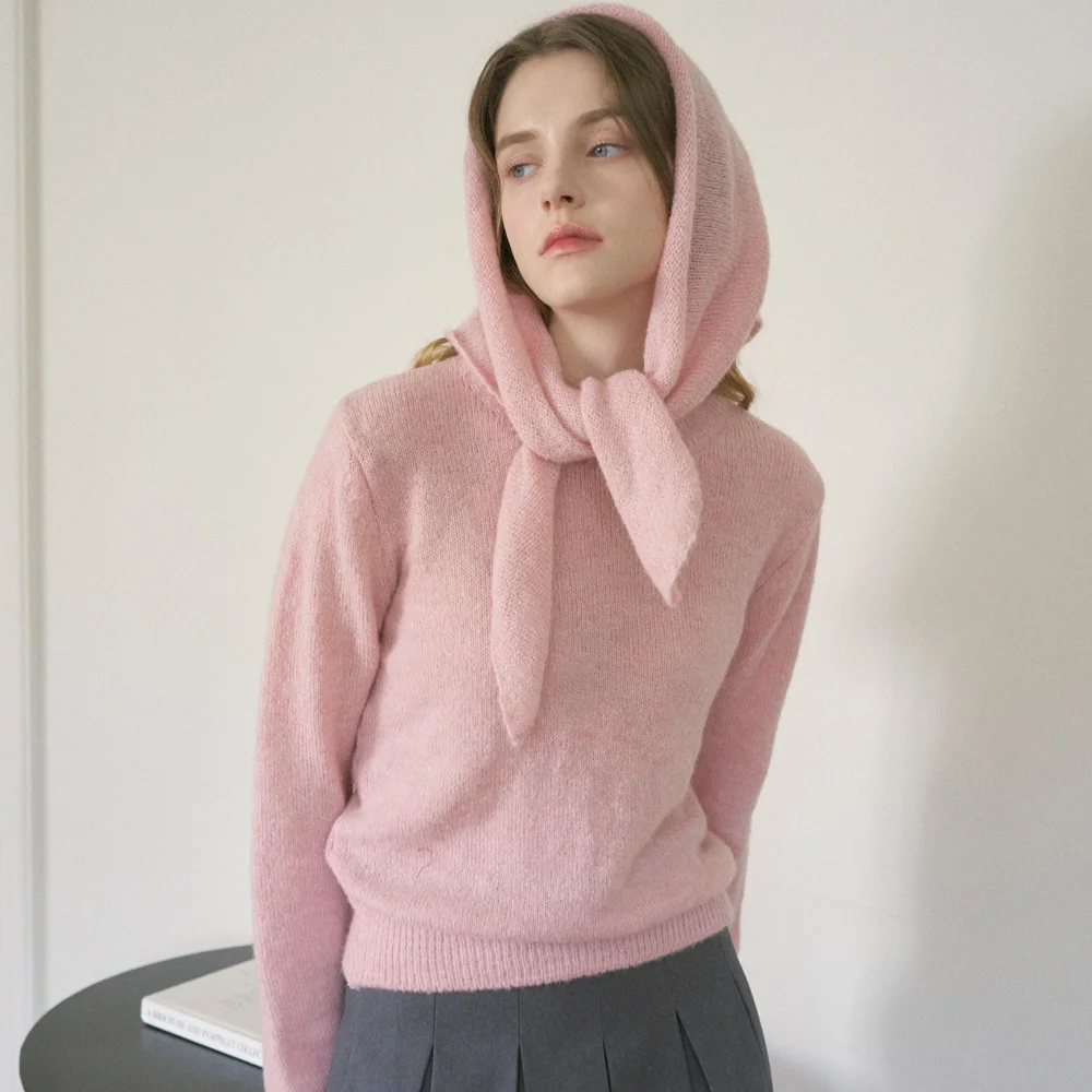 Wool Round Neck knit Muffler Set (Pink)