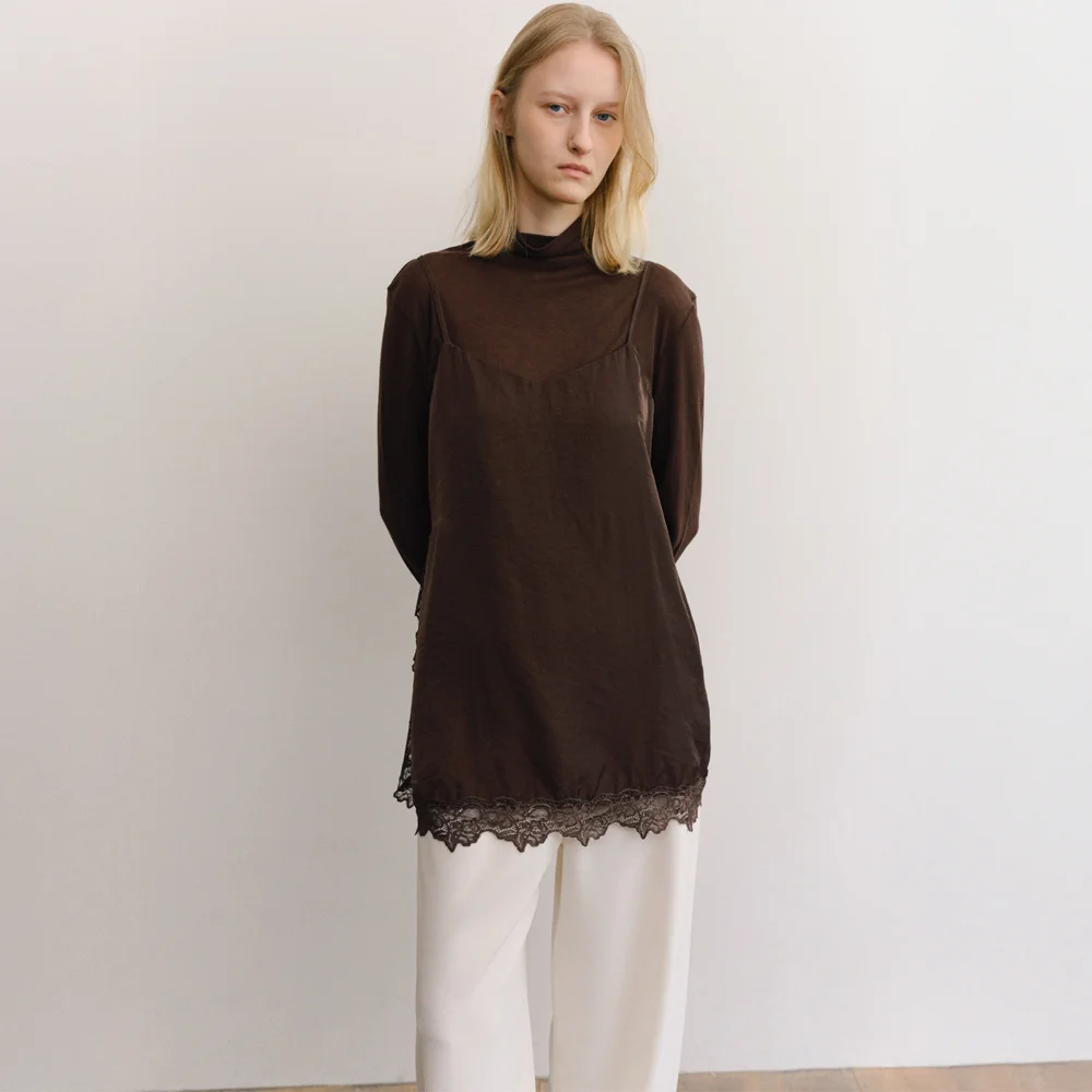 CAROL SATIN LACE TOP_BROWN