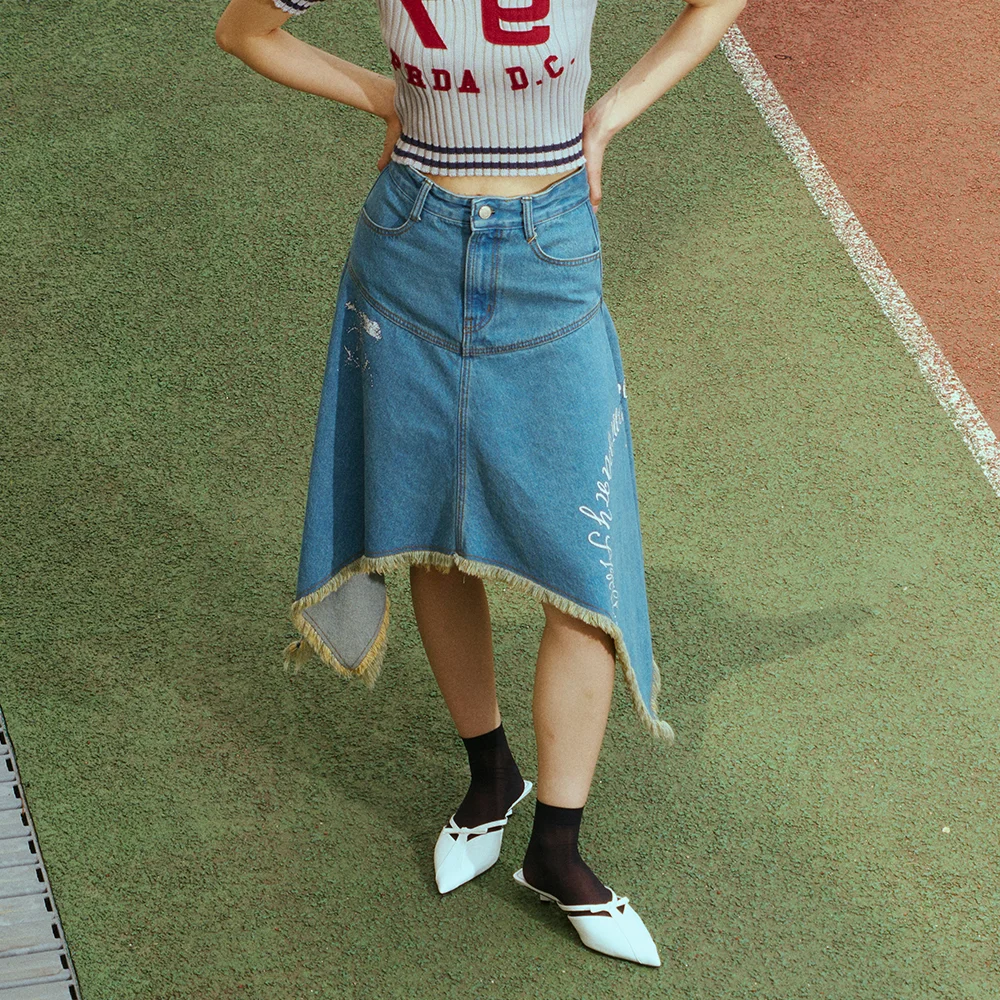 DENIM UNBALANCED MIDI SKIRT BLUE
