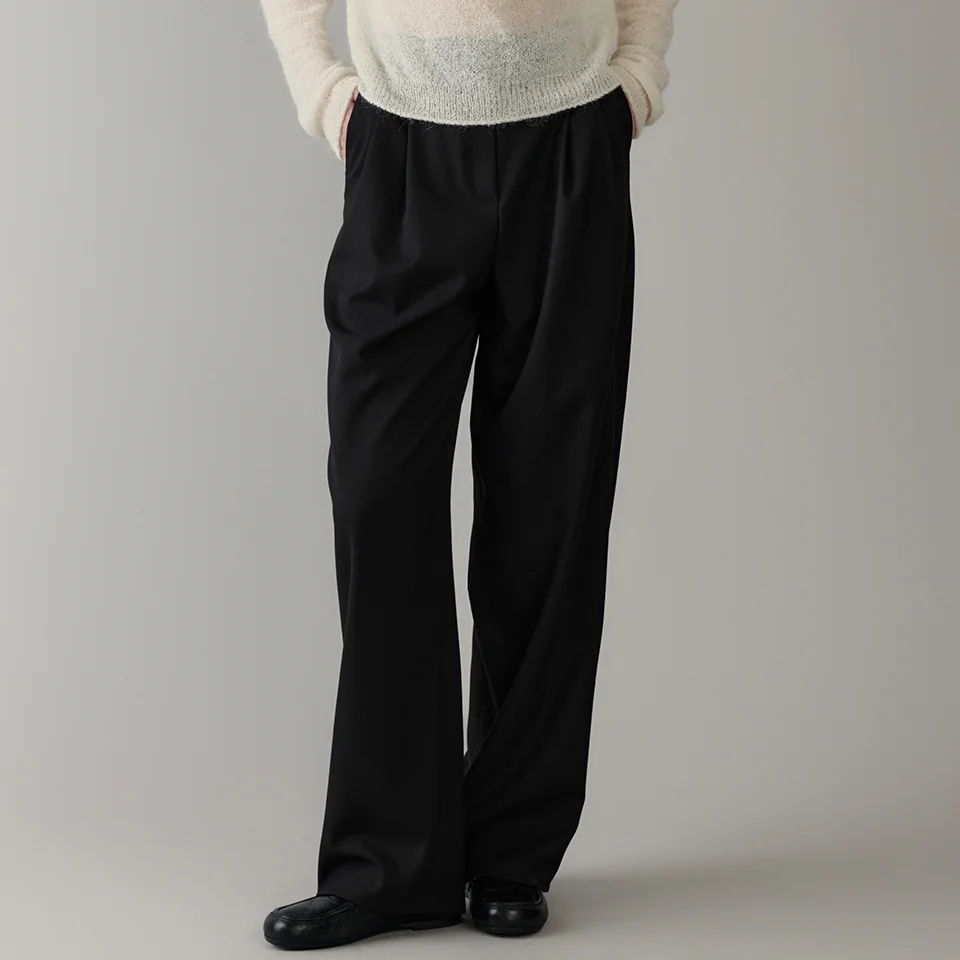 wool tuck curved pants (black)