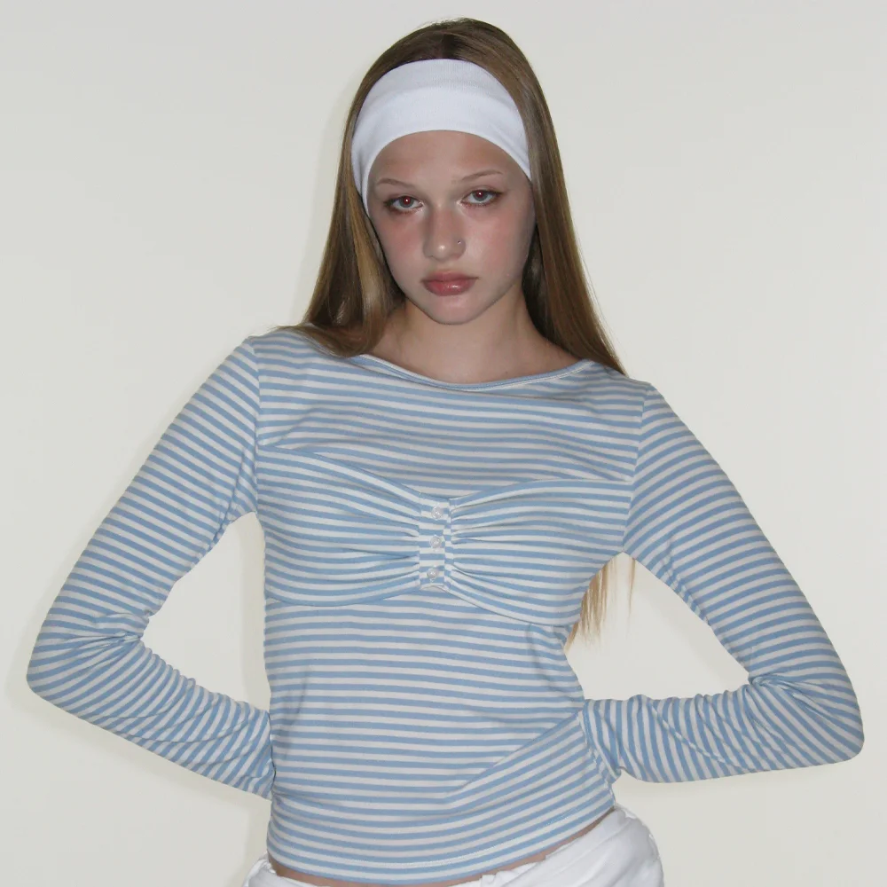 STRIPED RIBBON BUTTON TOP_SKY BLUE