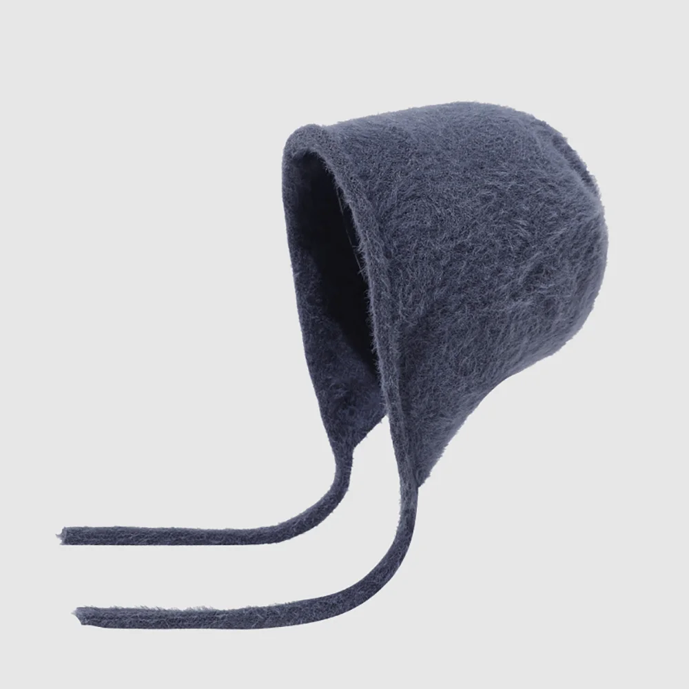 安哥拉 毛絨 束繩 Bonnet Hat 深藍色