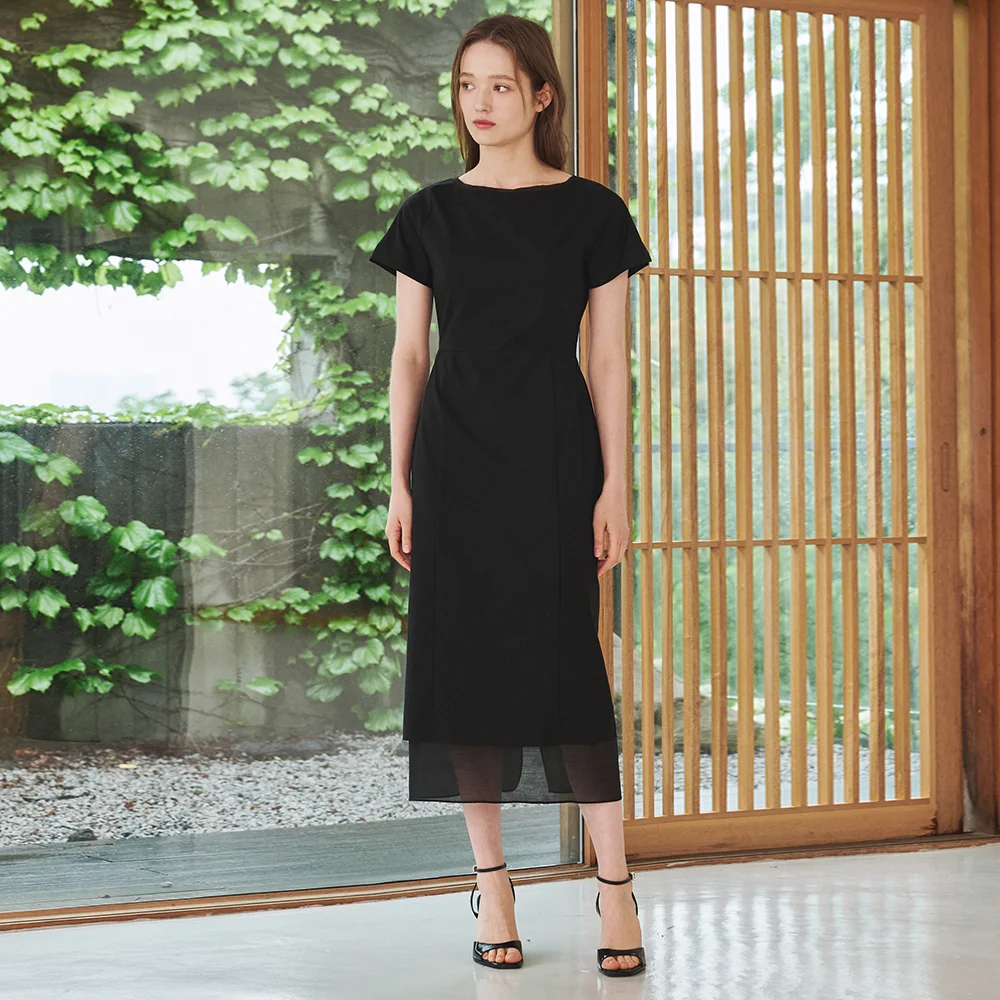 船領 雪紡 層次 連身裙 - 黑色 / Boat Neck Chiffon Layered Dress - Black
