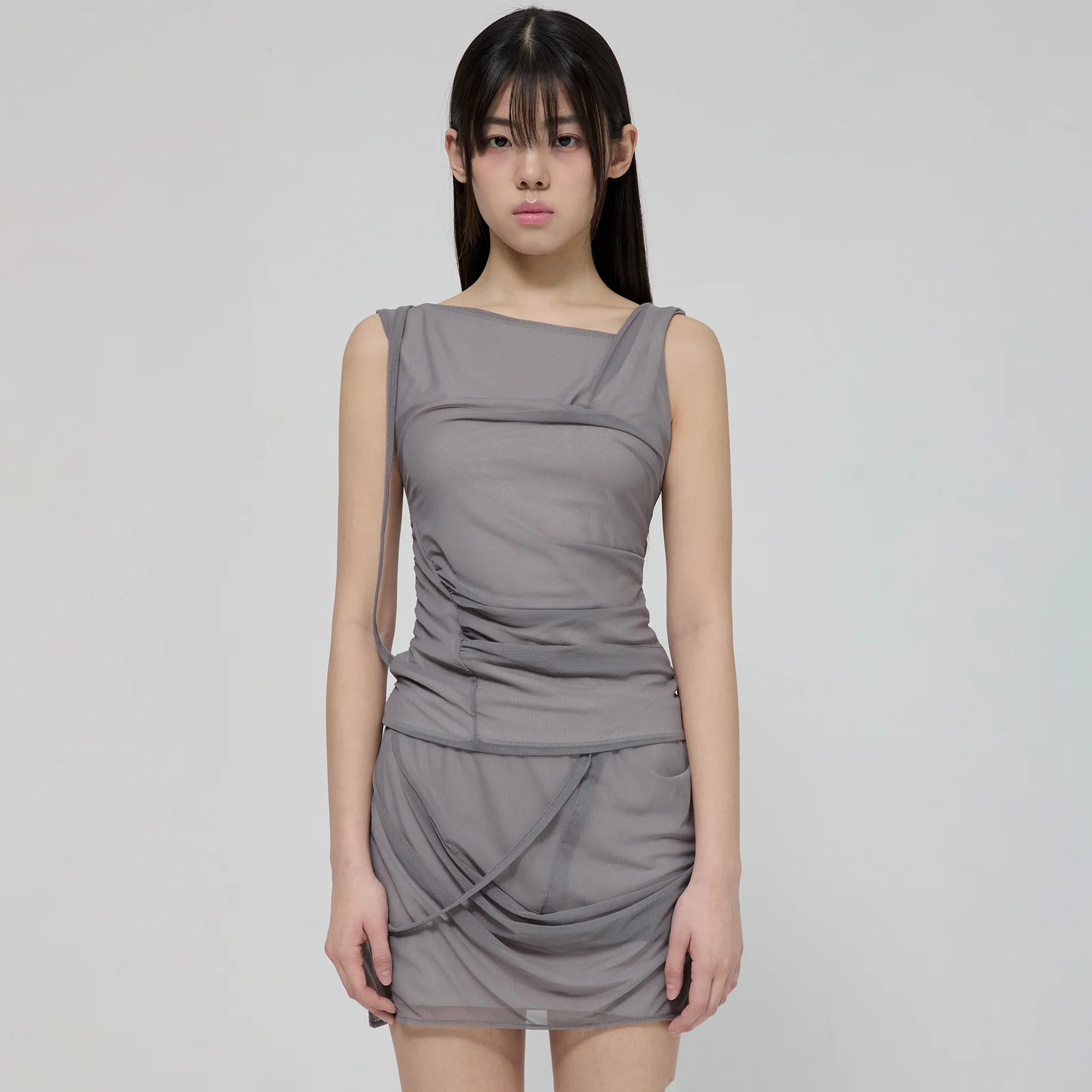 Draped Mesh Layered Sleeveless (FL-116_Gray)
