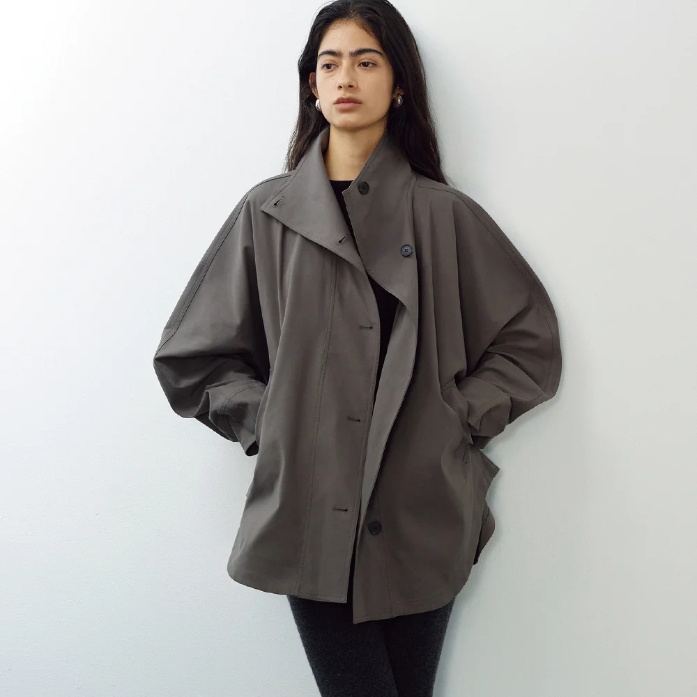 Dolman Sleeve high neck belted jacket_Moss grey