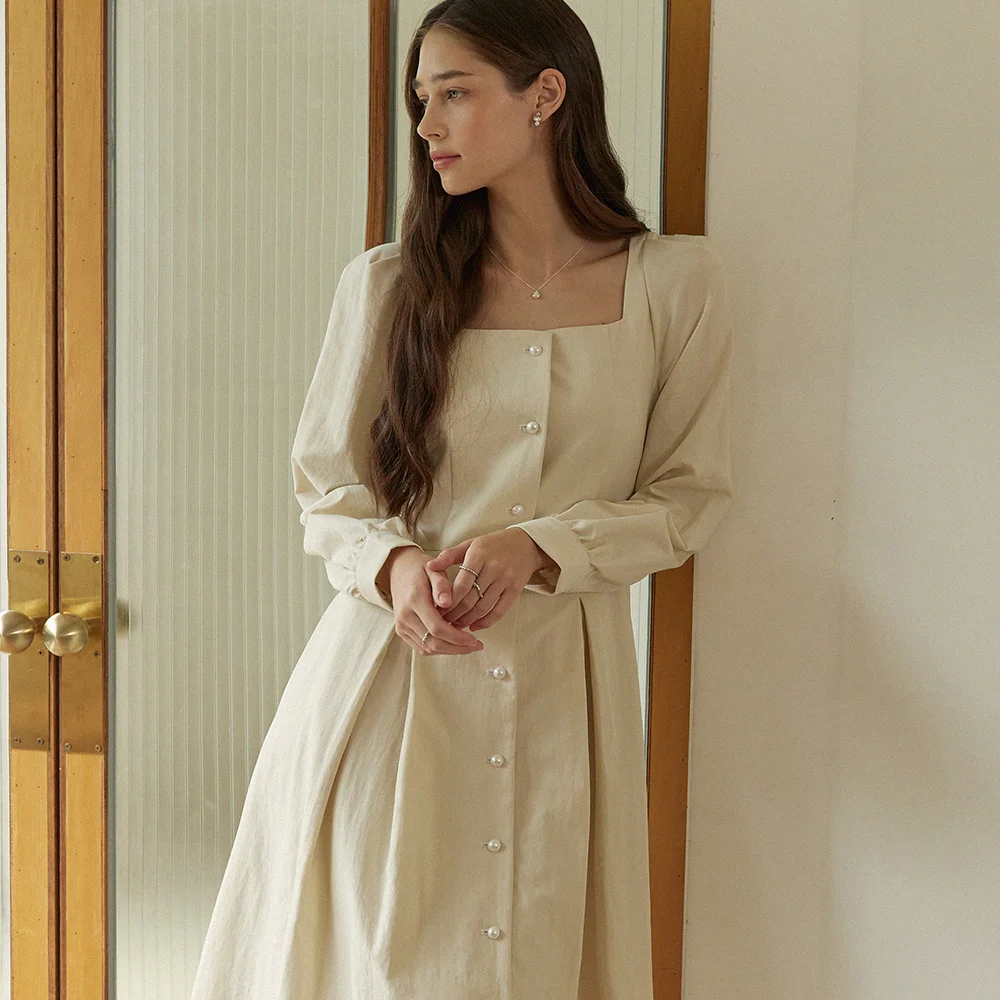 Puff square neck deep pintuck long dress - beige