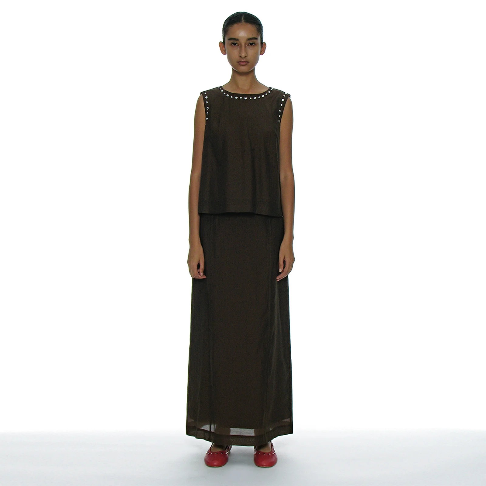 SHEER LAYERED MAXI SKIRT_BROWN