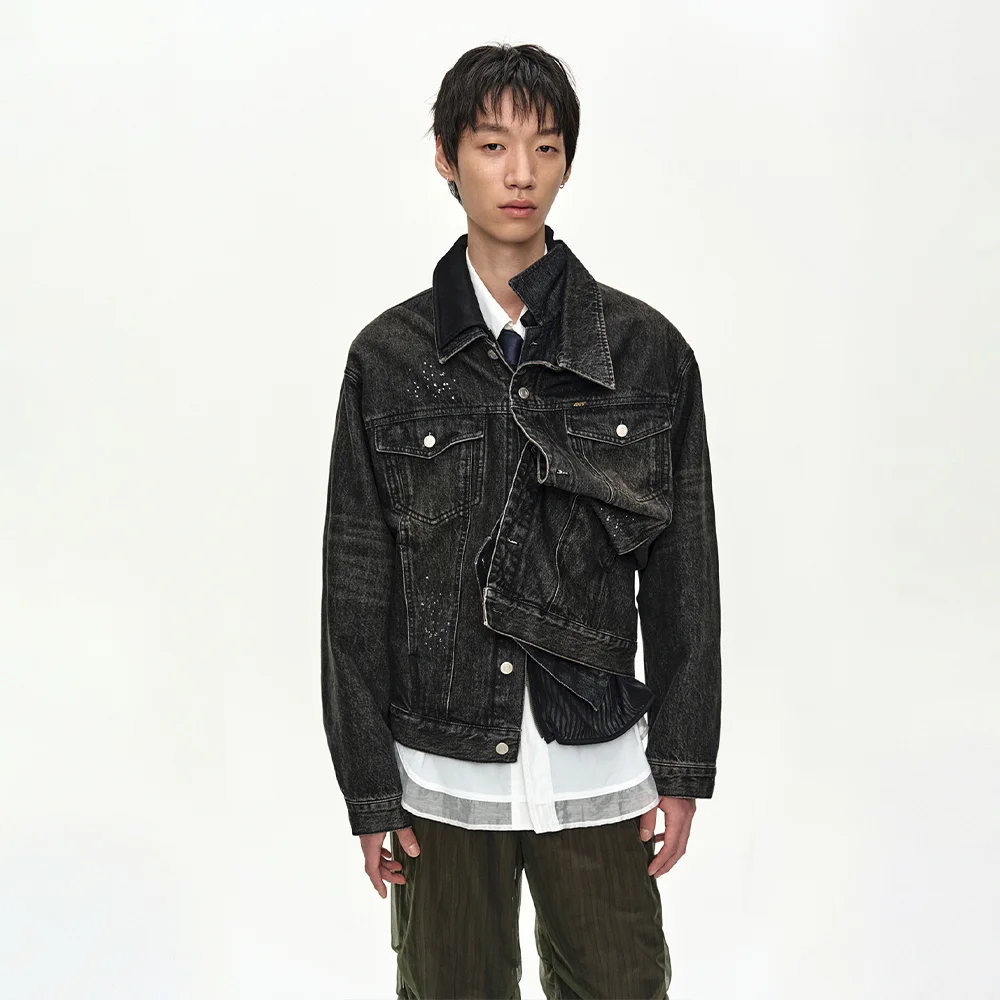 UNISEX ASYMMETRIC LAYERED BEADS DENIM JACKET awa762u(BLACK)