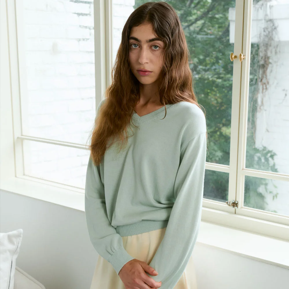 Regular Cotton V-Neck Knit (Mint)