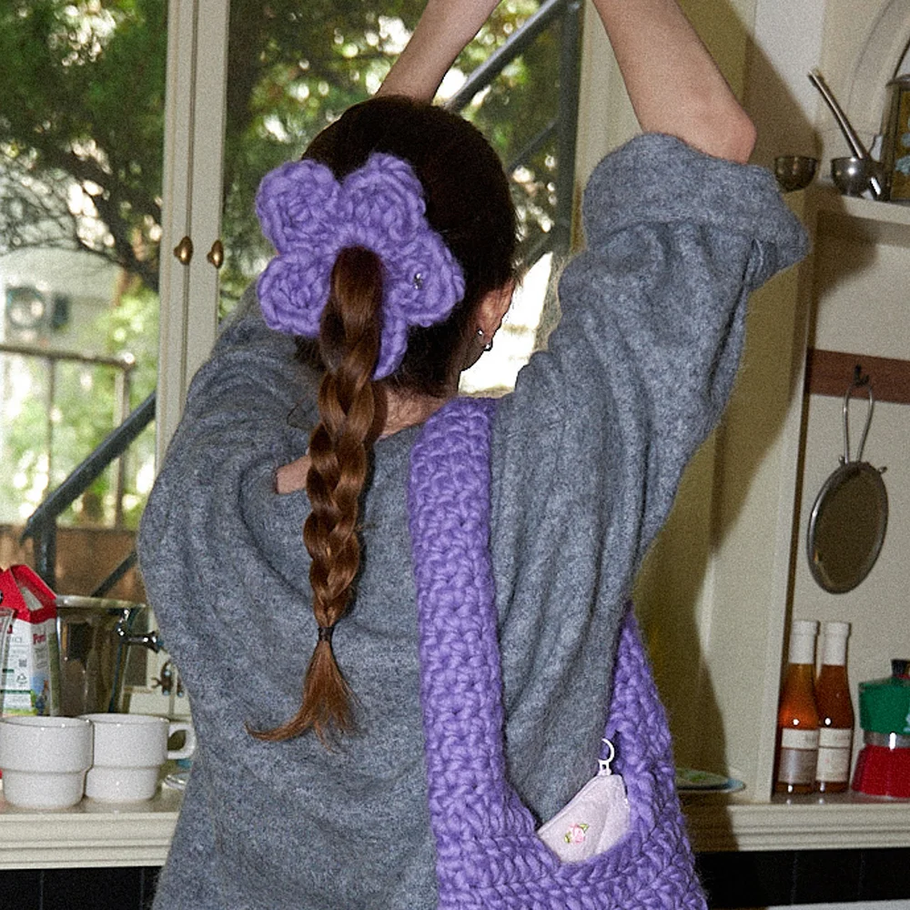 Wool 100% Handmade Crochet Big Flower Hair Scrunchie _ Purple