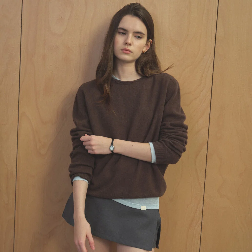 CASHMERE BLENDED ROUND WOOL KNIT _Brown