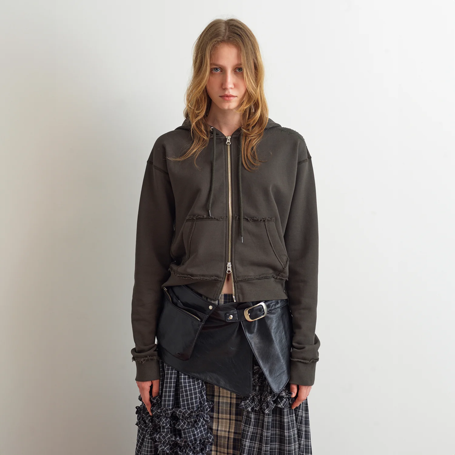 RAW CUT HOODIE ZIP-UP - DARK KHAKI