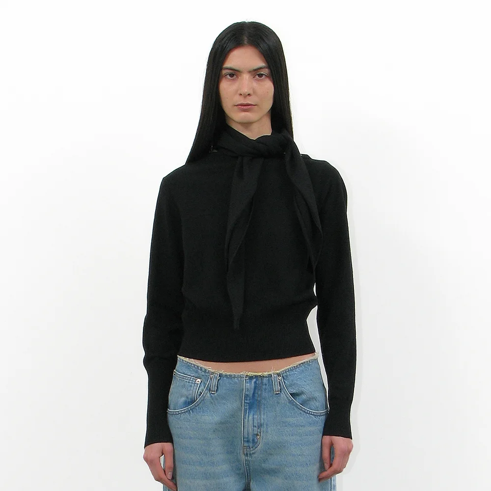 2WAY UNBALANCED SCARF KNIT CREWNECK_BLACK