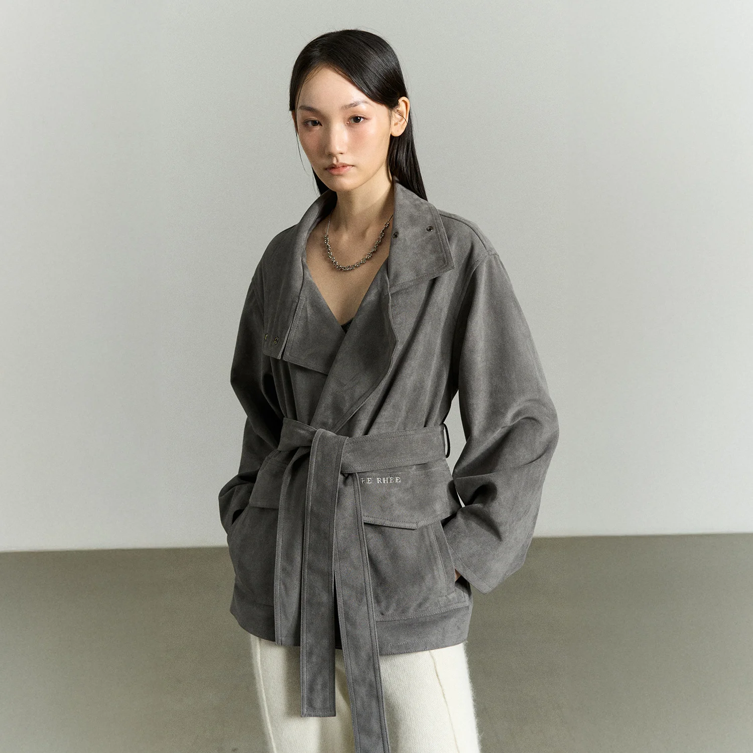 SUEDE FUNNEL NECK JACKET STONE