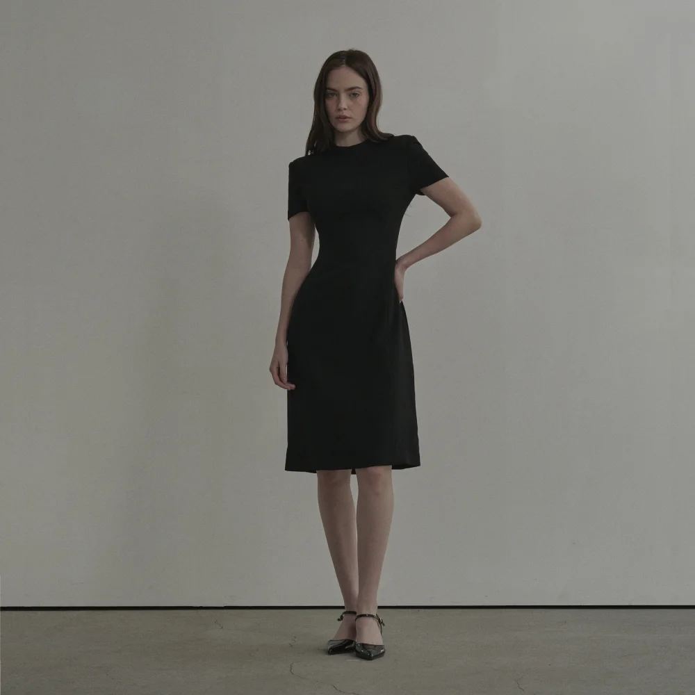 Half Neck Tailored Long Suit Dress - Black