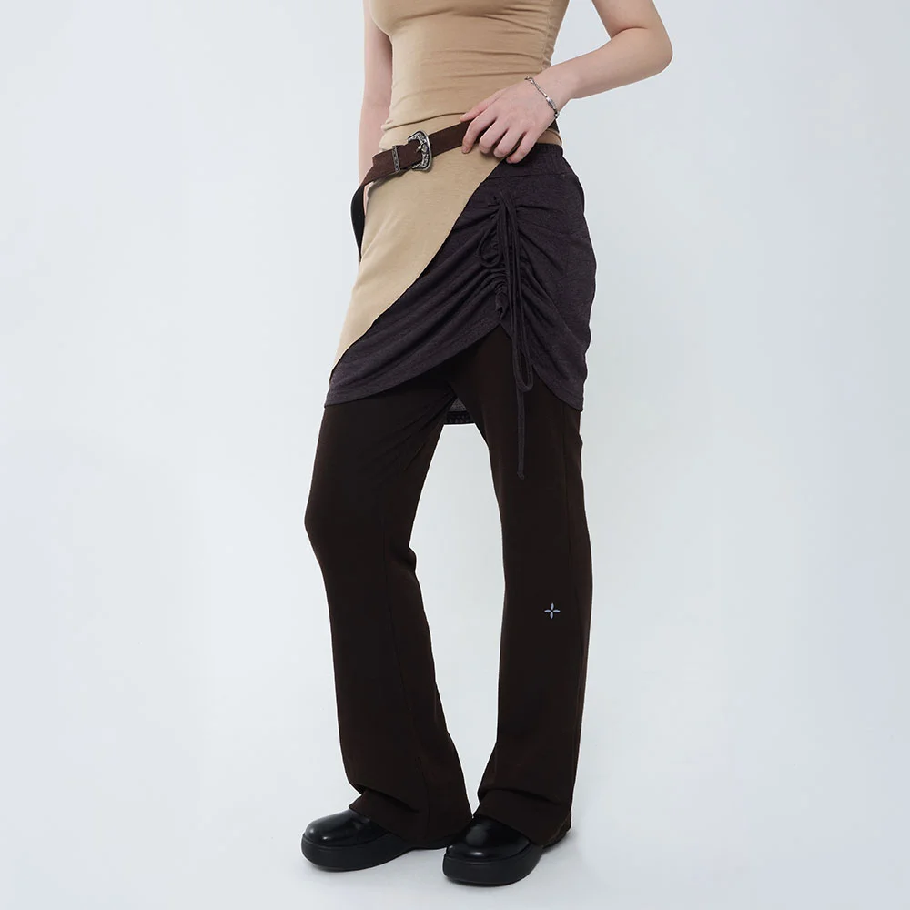 Two-Way Shirred Layered Skirt Pants_Brown