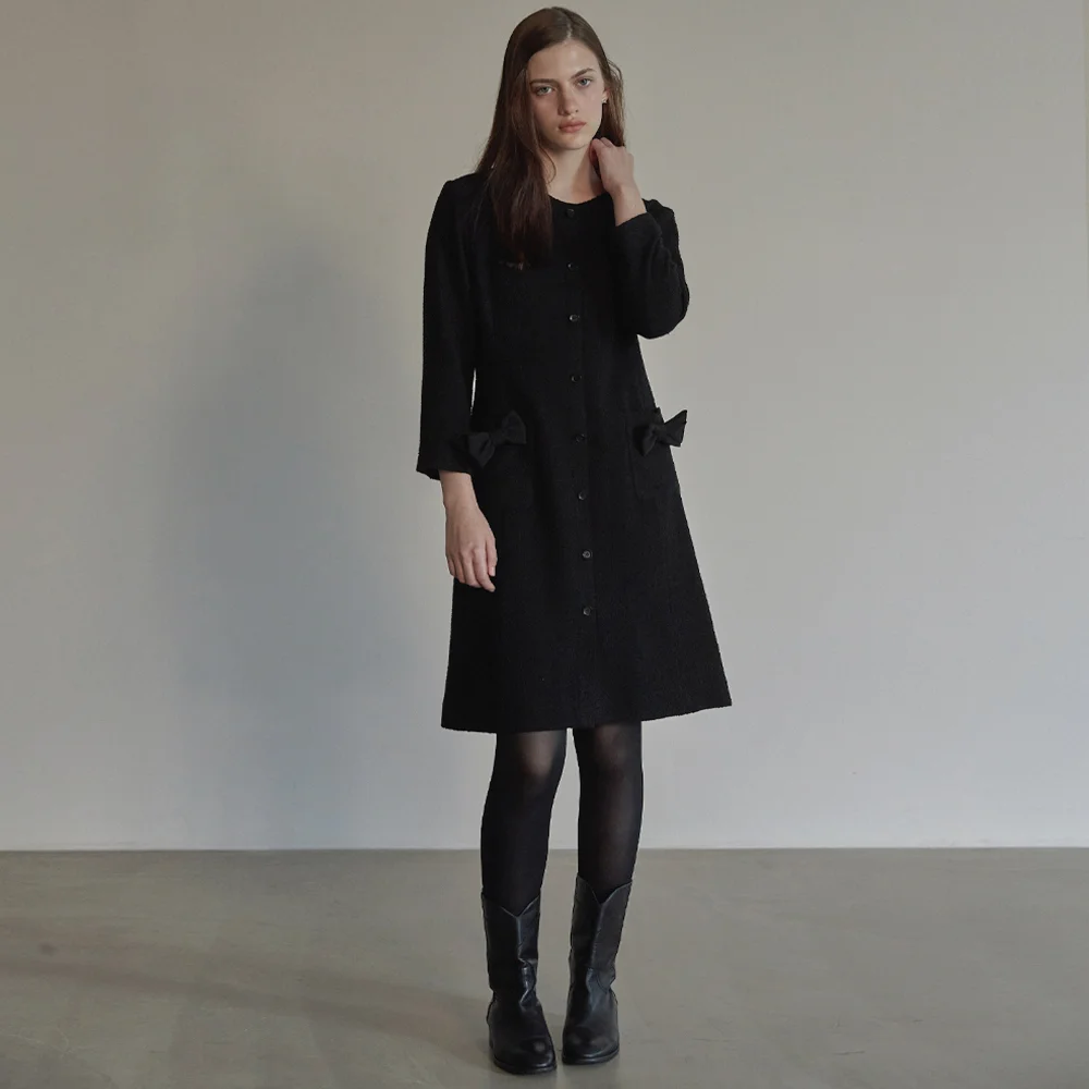Ribbon point tweed dress - Black