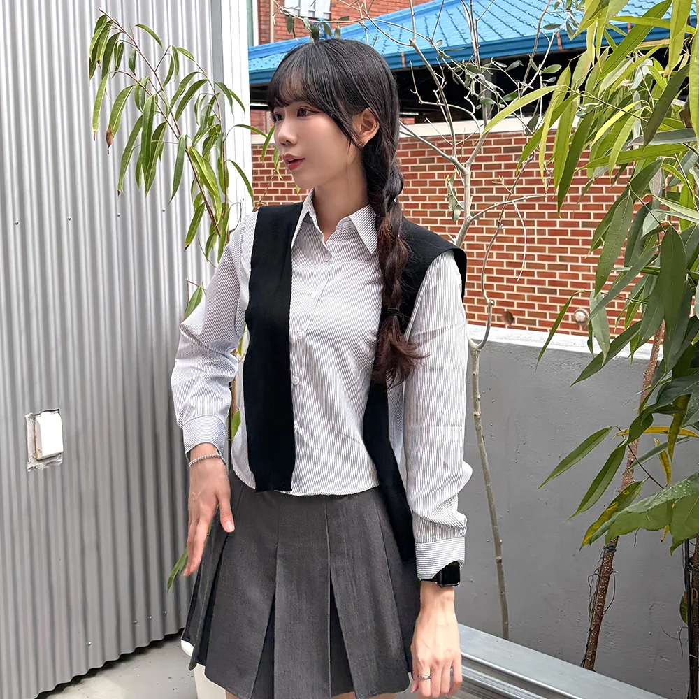 條紋 短版 長袖恤衫 (白色)