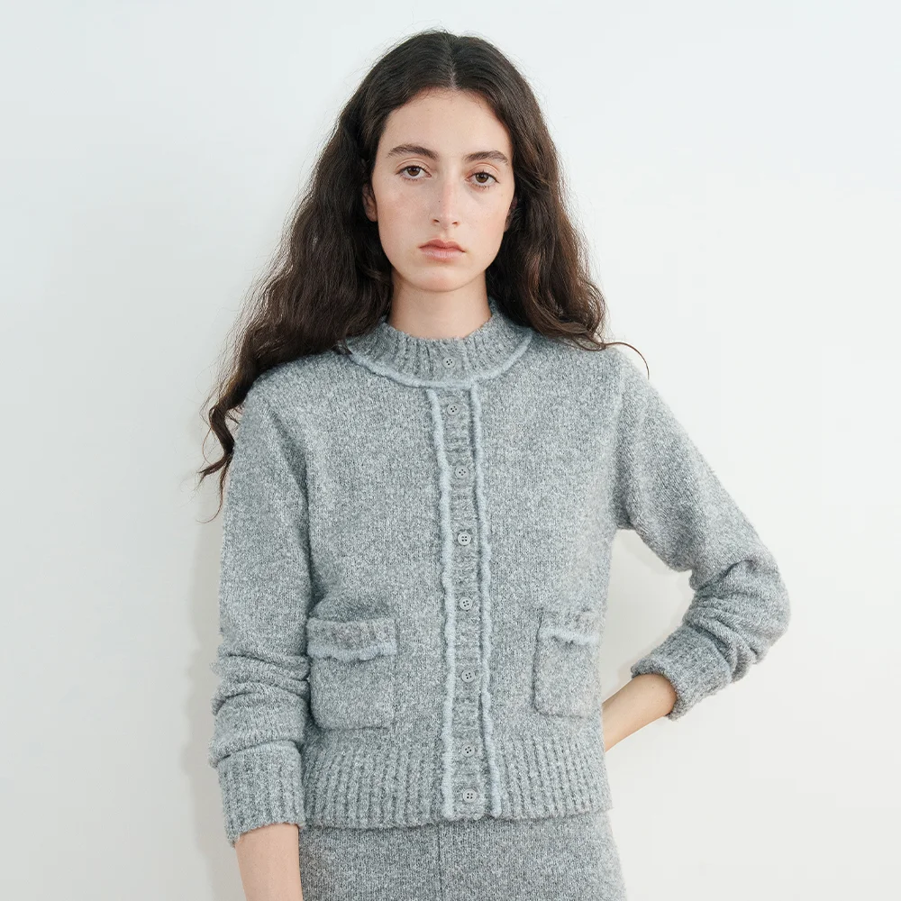 Color Point Pompom Cardigan (Deep Grey)