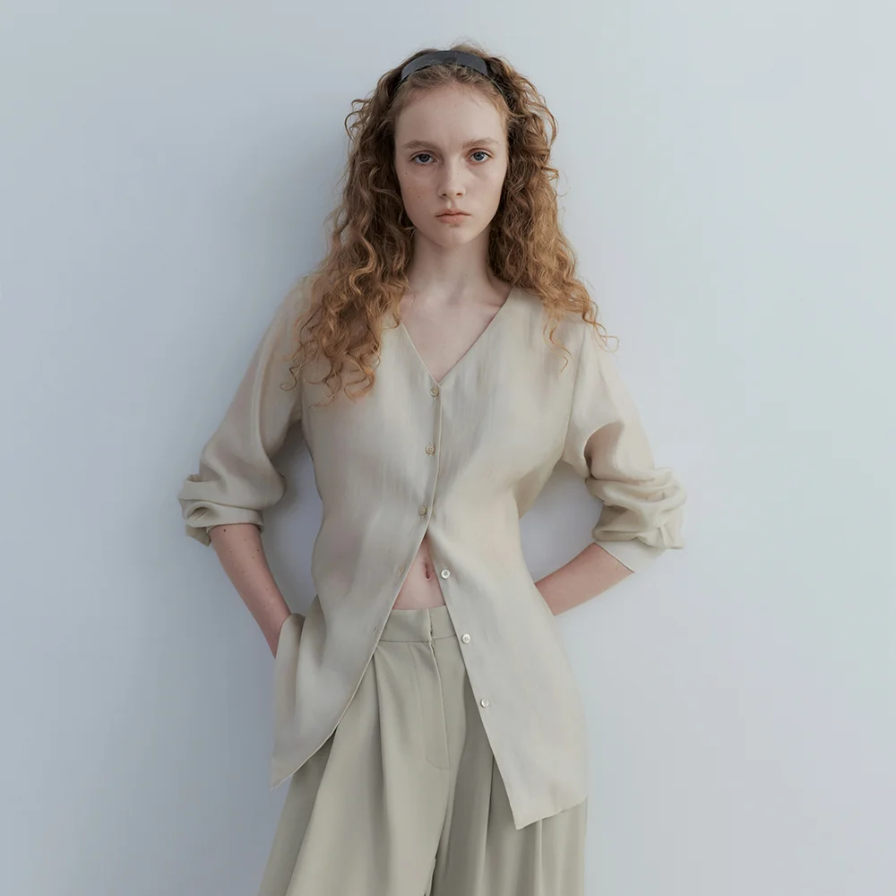 Notch Tencel Blouse (Beige)
