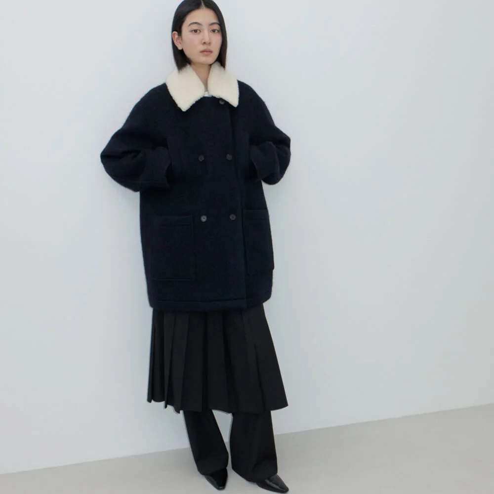 WOOL DOUBLE BREASTED PEA COAT / NAVY