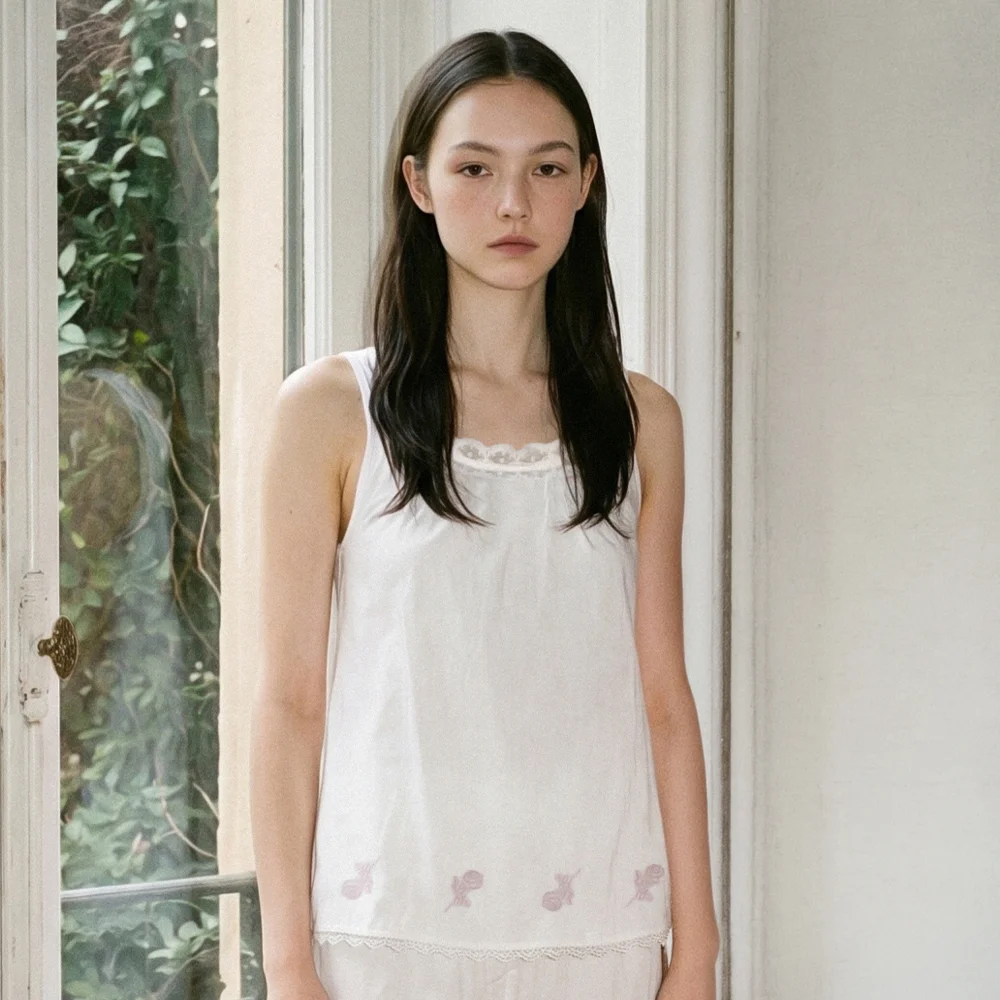 Rose Embroidered Sleeveless Pajama Top (White)