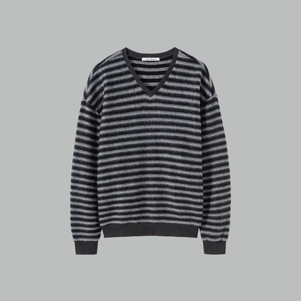 Hairy 條紋 V領 LS T恤_GREY