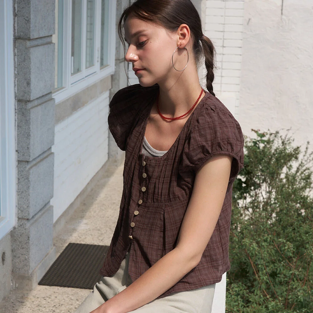MAYEL CHECK PUFF EMBROIDERY BLOUSE _BROWN