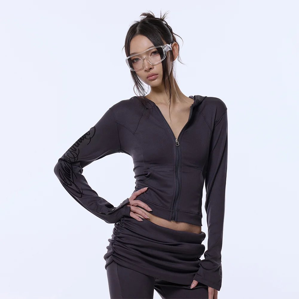 SIDE LETTERING LOGO CROP HOOD ZIP-UP_CHARCOAL