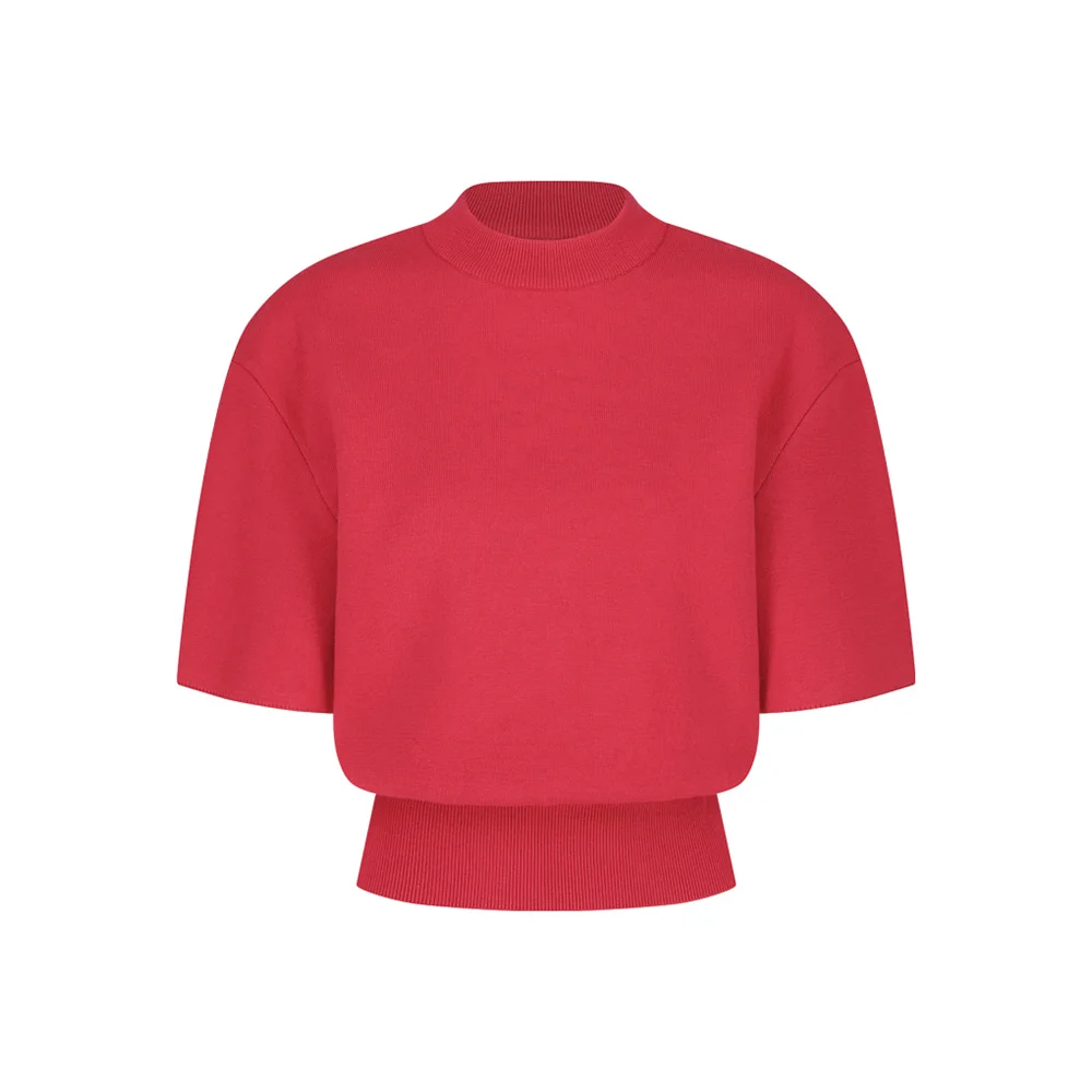 Rounded half knit top, Red