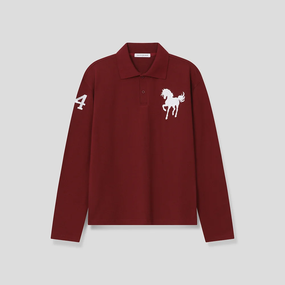 馬 刺繡 短版 長袖 有領T恤_酒紅色