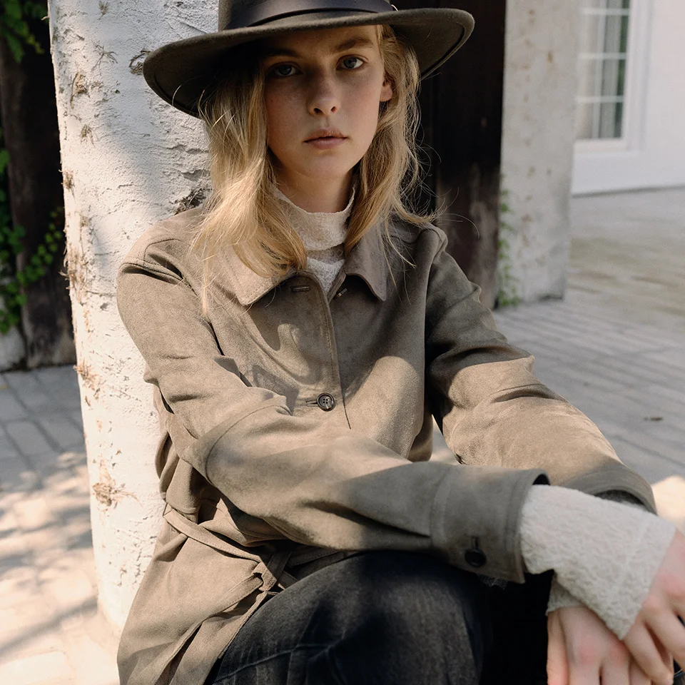 belted suede shirt jacket (vintage olive)
