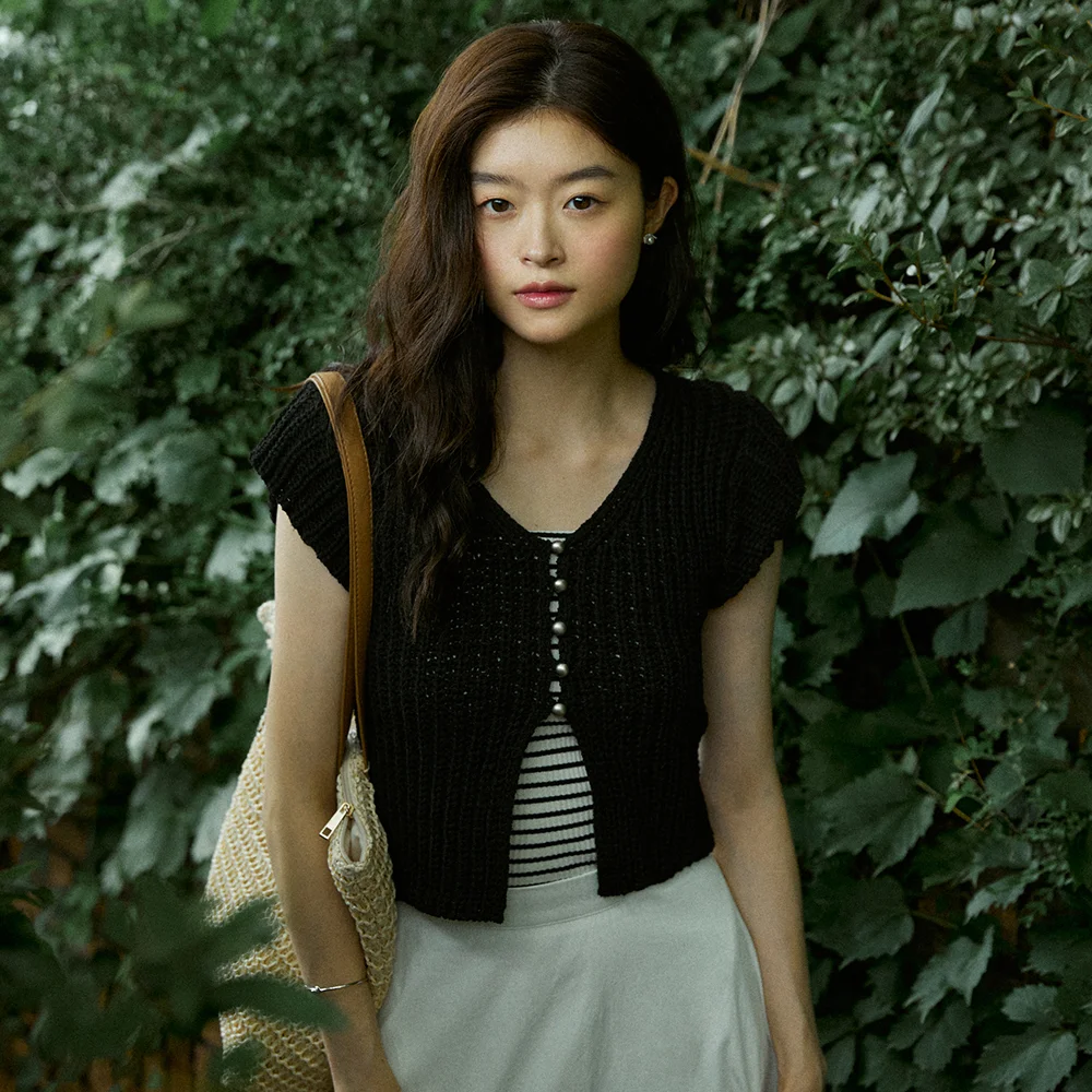 Matt button summer knit cardigan - black
