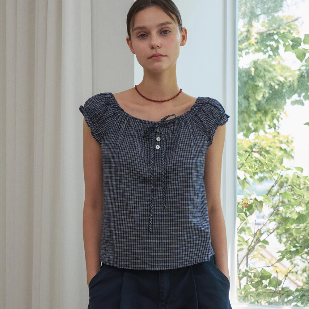 LUCET CHECK STRING BUTTON BLOUSE 2COL_NAVY