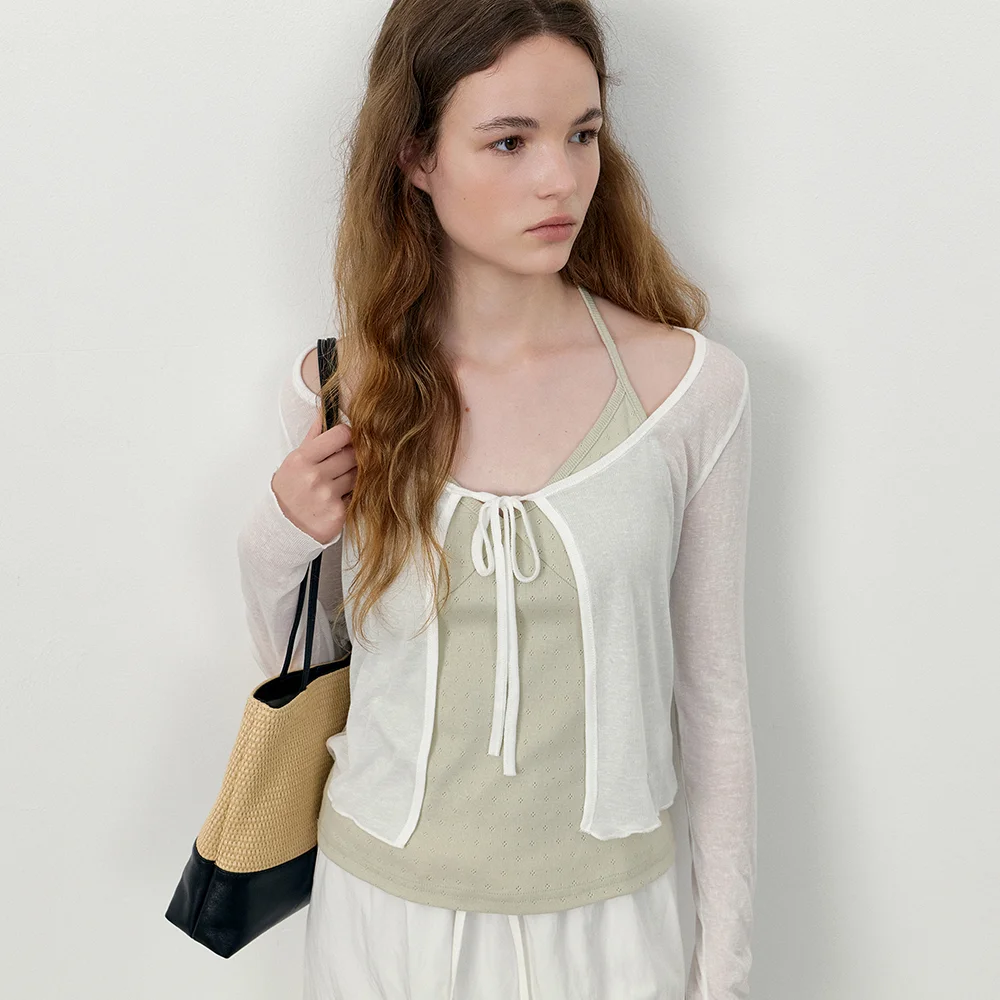 Tie-front lettuce hem cardigan_Ivory