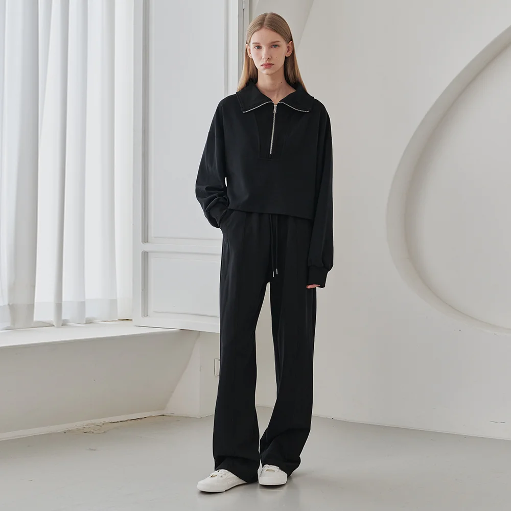 Collar Zip up T-Shirts Set Up - Black