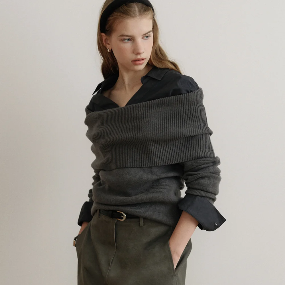 comos 1632 wool off-shoulder knit (steel gray)