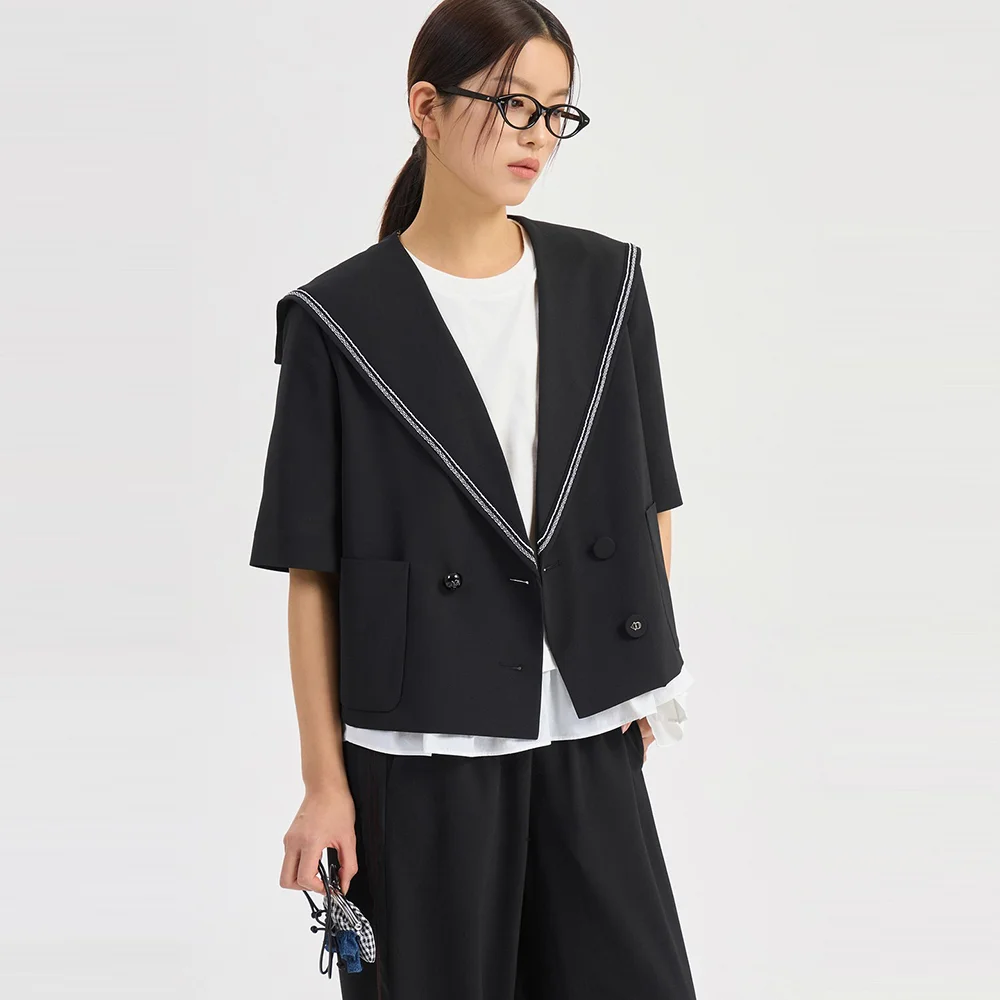 Sailor Back Pleats Short Sleeve Poly Jacket (black) LFJAM26430BKX