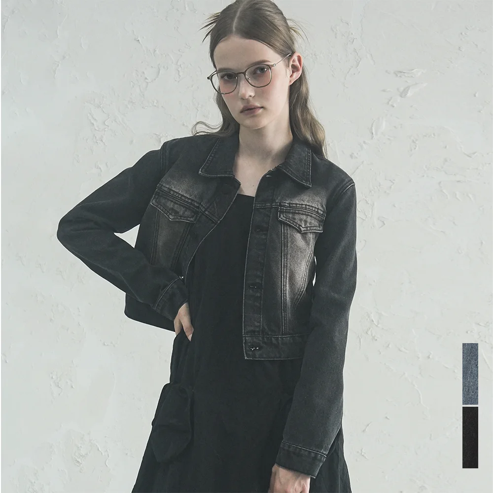 Sand Washing Denim Crop Jacket - 2COL