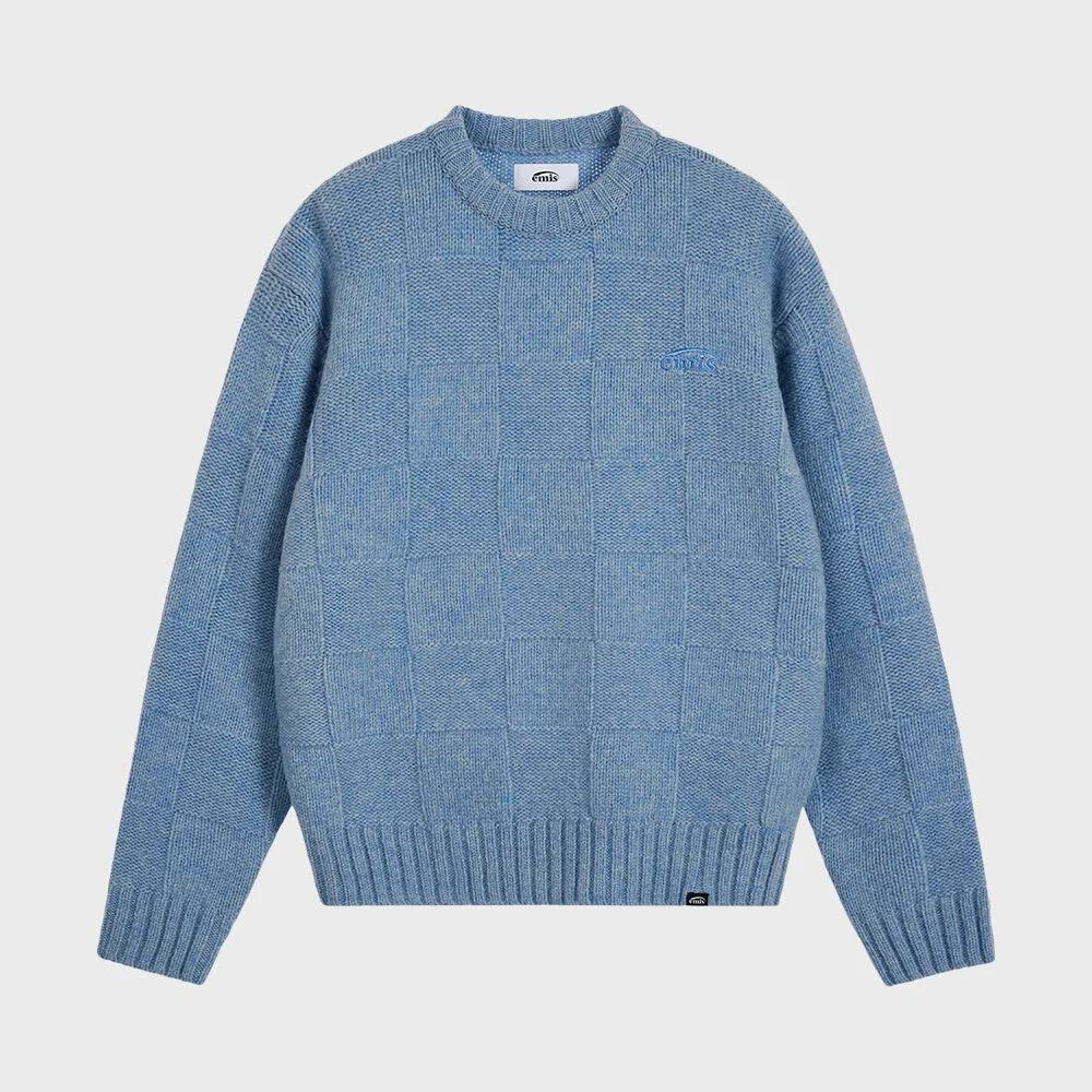 CHECK KNITTED PULLOVER-BLUE
