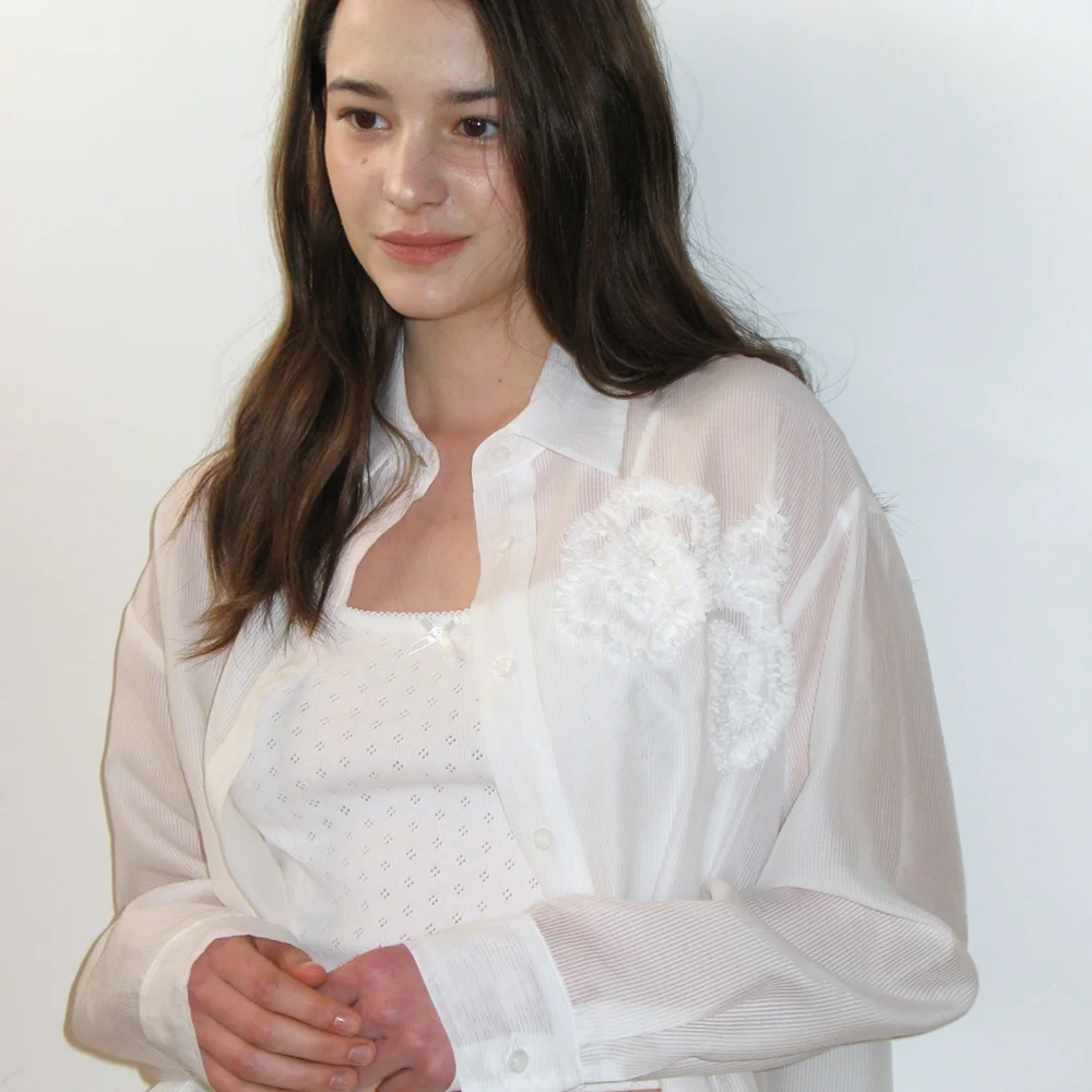 FLOWER STRIPED SHEER SHIRT_WHITE