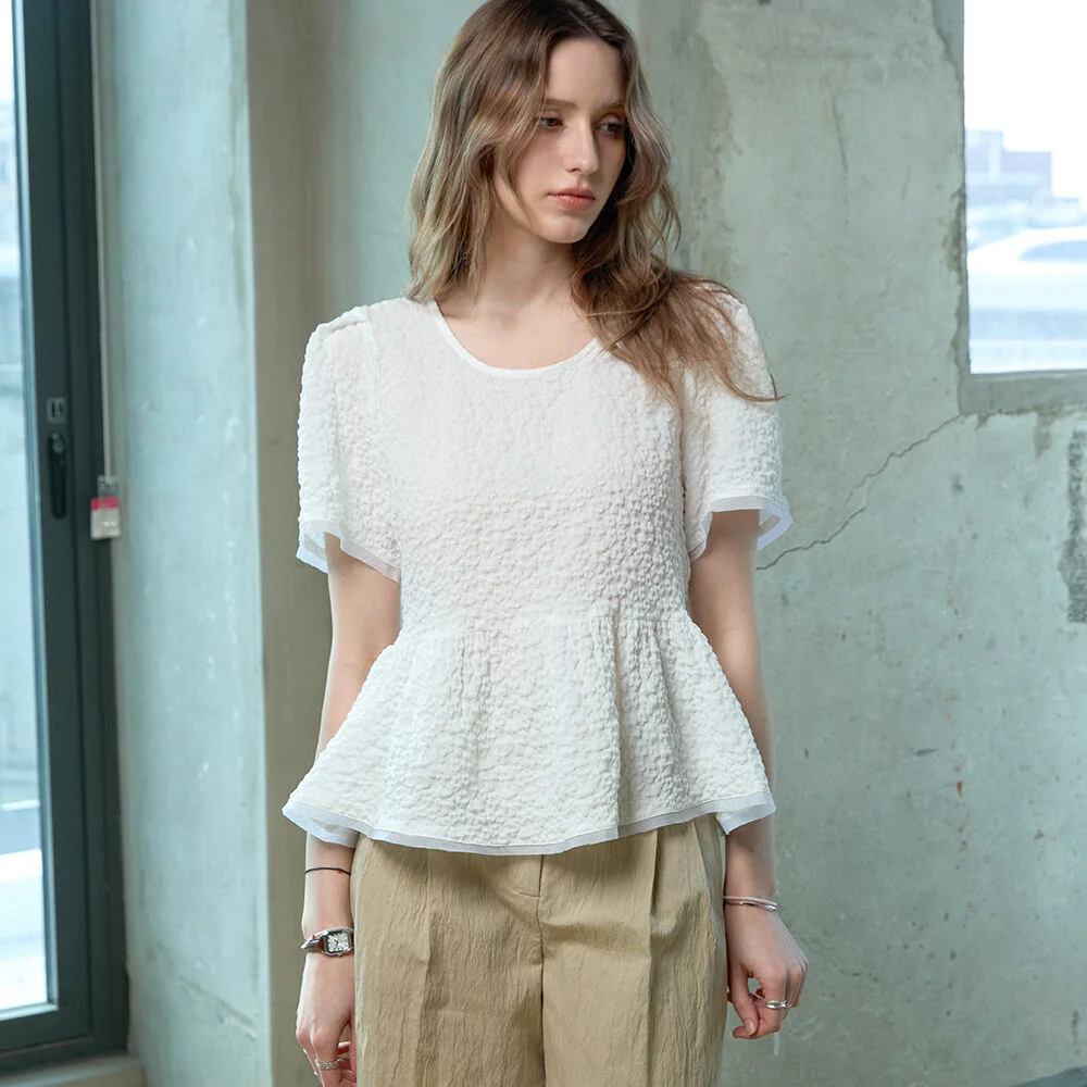 蓬鬆 純棉 提花女裝恤衫 WHITE