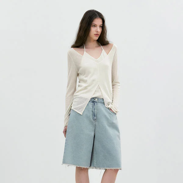 SUMMER BOUCLE LAYERD HALTER NECK KNIT TOP (T-7241)