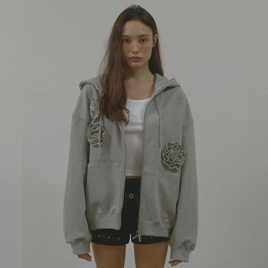 FLOWER HOOD ZIP UP (MELANGE GREY)