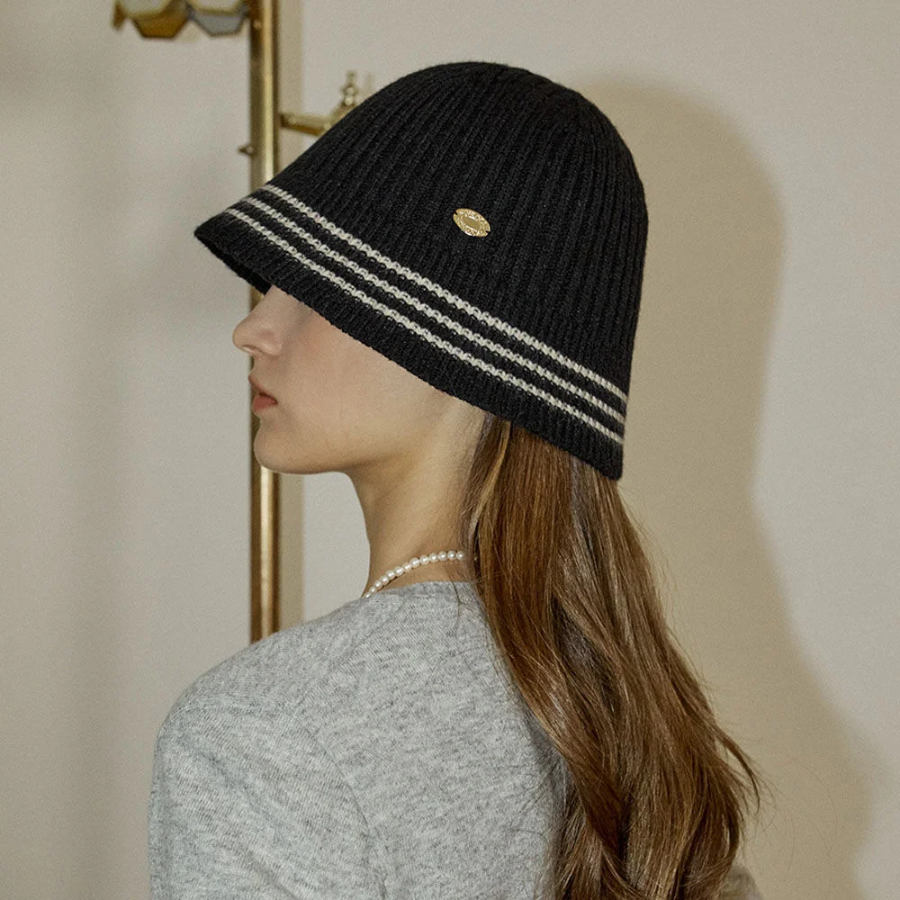 Three Stripe Knit Bucket Hat - Black