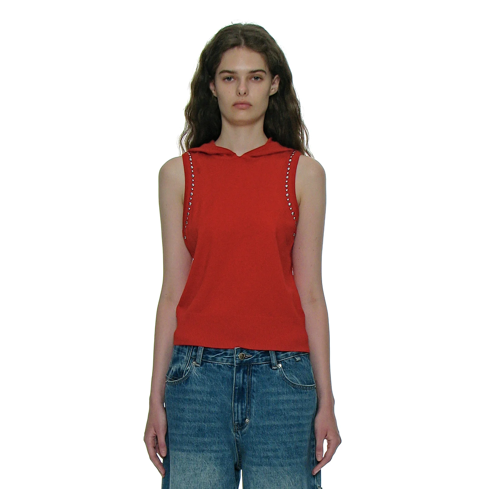 STUDDED HOODIE KNIT TOP_CHILI RED