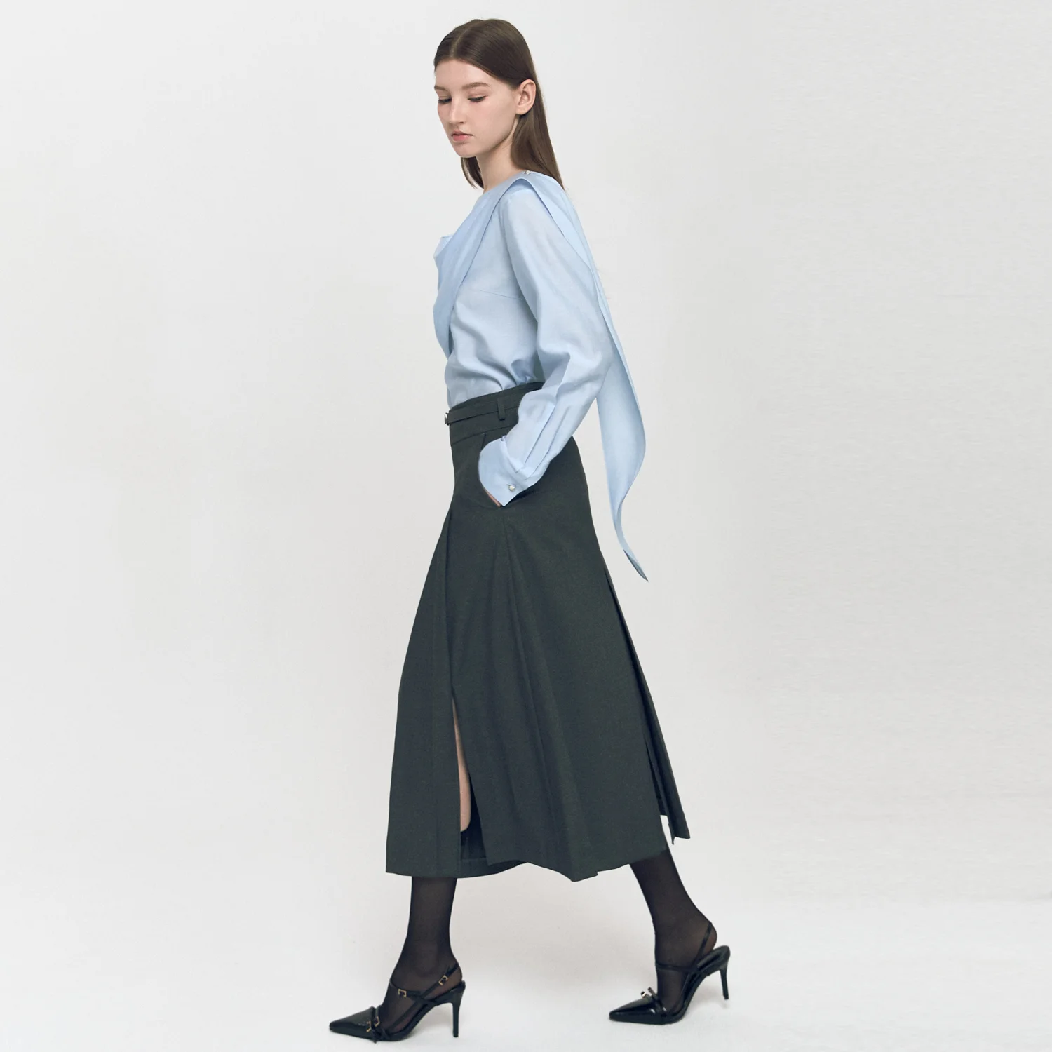 Fabric Belted Pleats Skirt CHARCOAL GREY