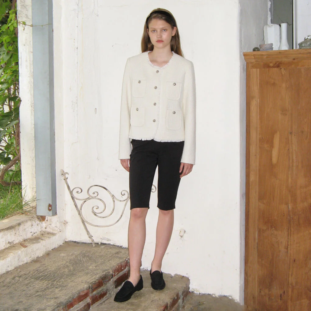 Fringe Cropped Tweed Jacket (Ivory)