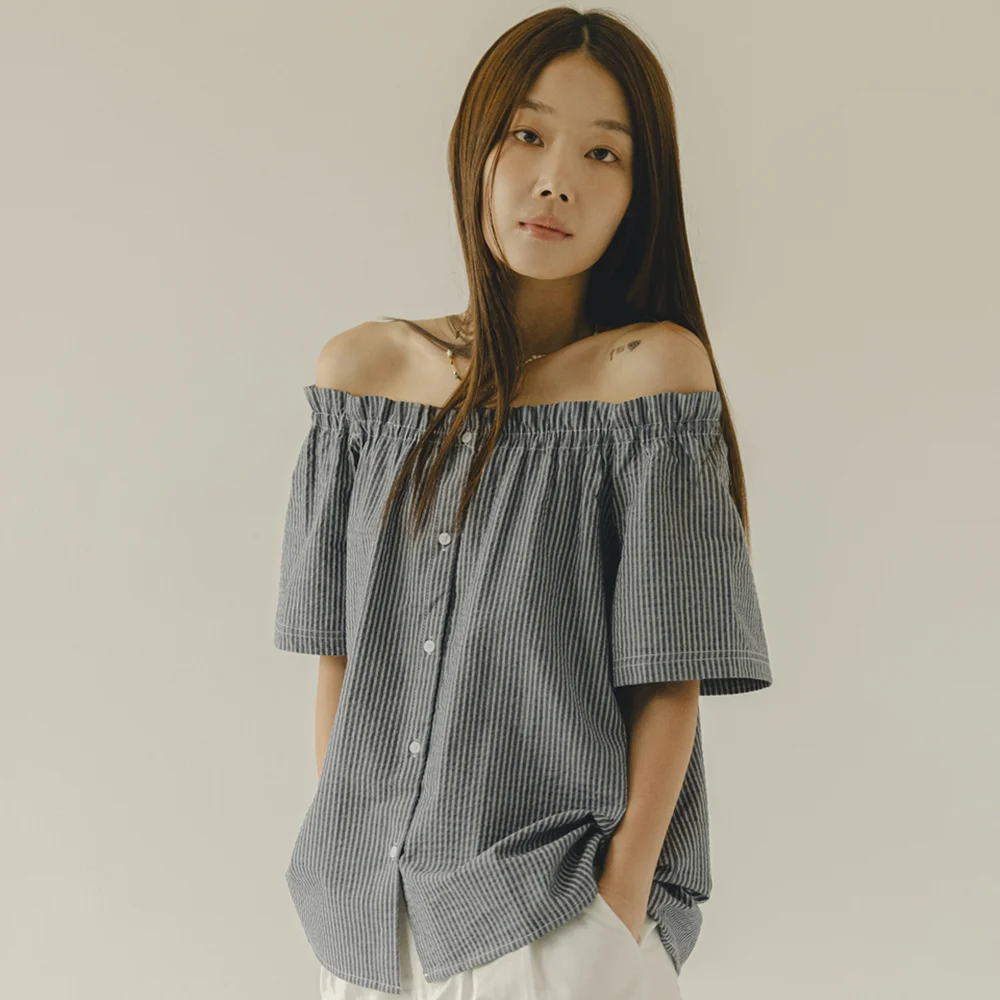 Seersucker Off Shoulder Navy Blouse